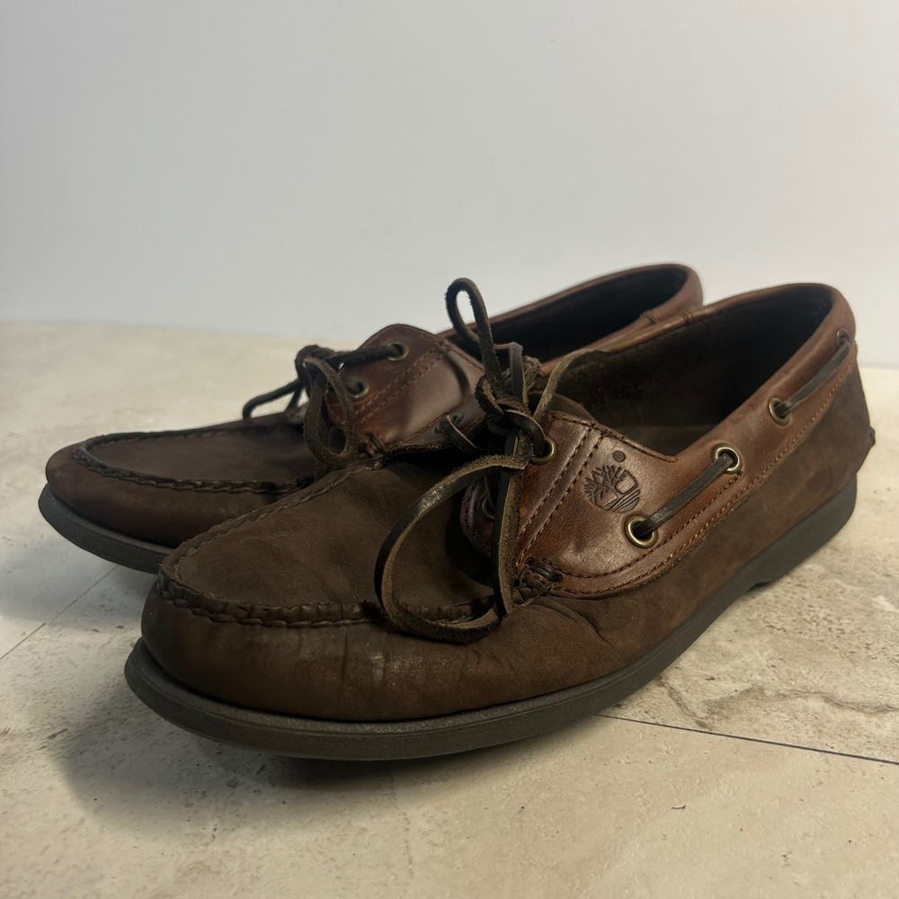 Timberland Boat Shoes Brown Leather Mens Size 9 M 75010 Moc Toe Deck Shoes